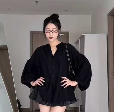 Áo sơ mi cổ trụ màu đen