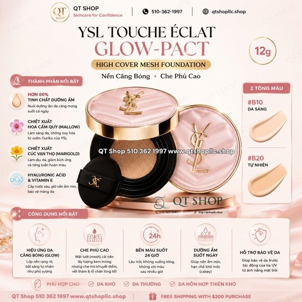 YSL - Touche Éclat Glow-Pact Cushion - #B20 Tông Tự Nhiên - 12g ( Vỏ Da Hồng)