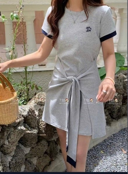 Đầm xám cột nơ eo freesize