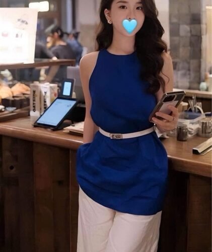 Set quần lửng trắng áo xanh kèm thắt lưng size L
