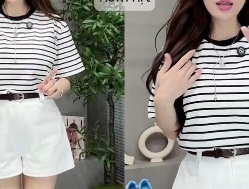 Set Short Áo Trắng Sọc Đen size L ( eo < 76cm)
