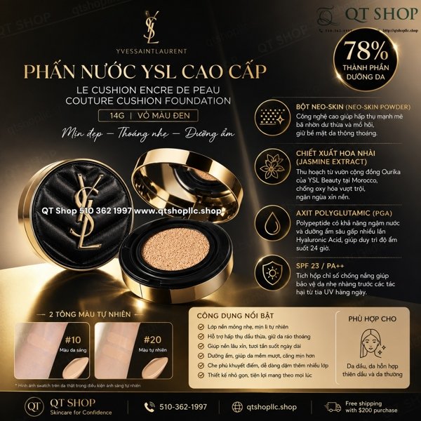 YSL - Le Cushion Encre De Peau Couture Cushion Foundation #10 Tông Sáng - 14g ( Vỏ Màu Đen)