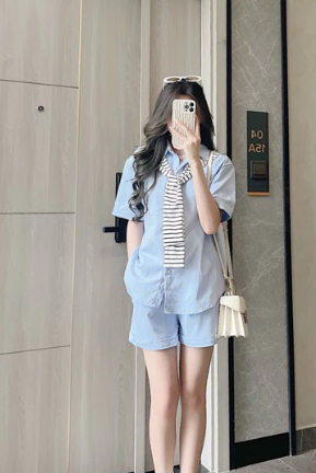 Set sơ mi xanh oversize (KÈM KHĂN )