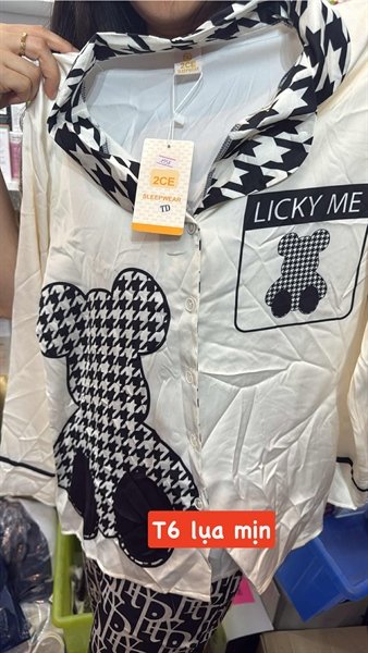 Bộ Gấu Licky Me trắng đen - Tay dài - Lụa mịn