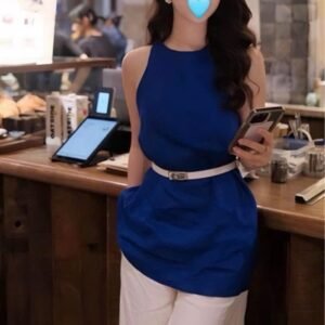 Set quần lửng trắng áo xanh kèm thắt lưng size M