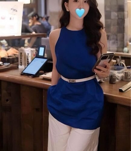 Set quần lửng trắng áo xanh kèm thắt lưng size M