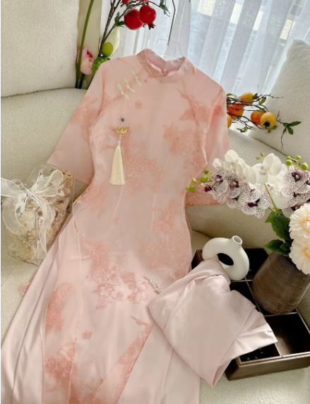 Set Áo Dài Thêu Hạc Phối Nút Tàu Tay Lửng